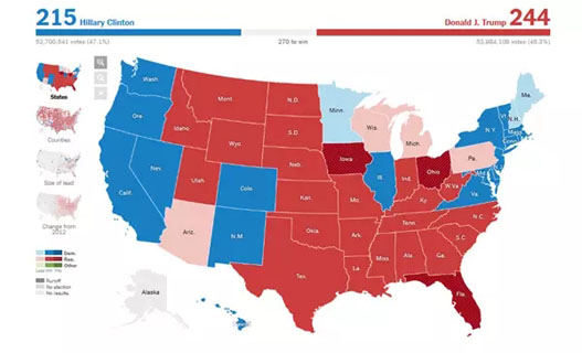 以州为基准的大选可视化视图 来源：纽约时报