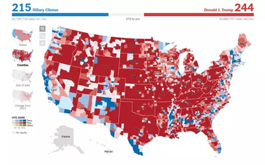 以郡县为基准的大选可视化视图 来源：纽约时报