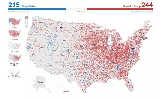 对比2012年大选的选民支持流向图 来源：纽约时报